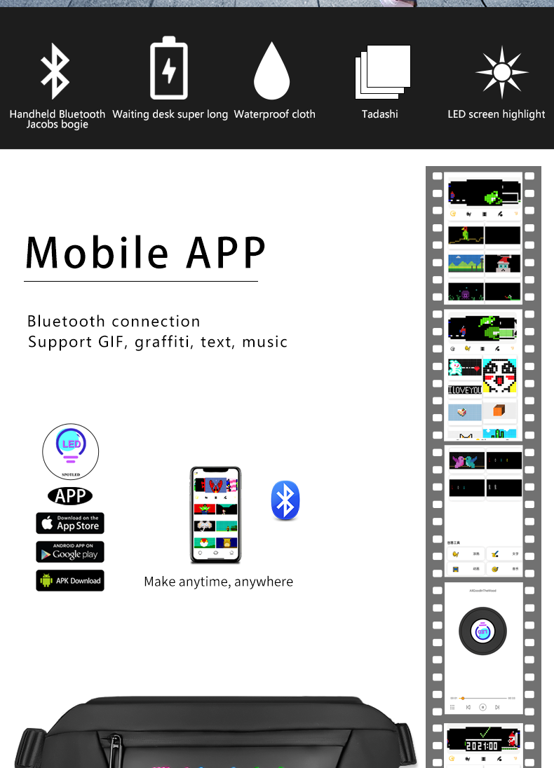 Led Fanny Packs and Programmable Led Sign Crossbody Running Waist Bag DIY Backpack LED Display Pixel Screen Bag（images 2）