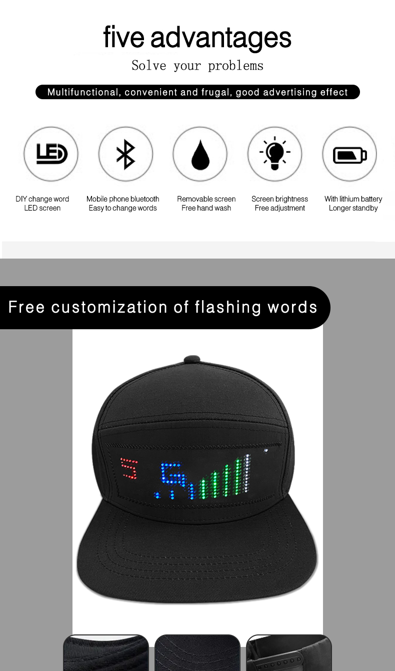 App Programmable LED hats USB recharging led flashing Baseball Cap Scrolling text LED Display Cap（images 2）