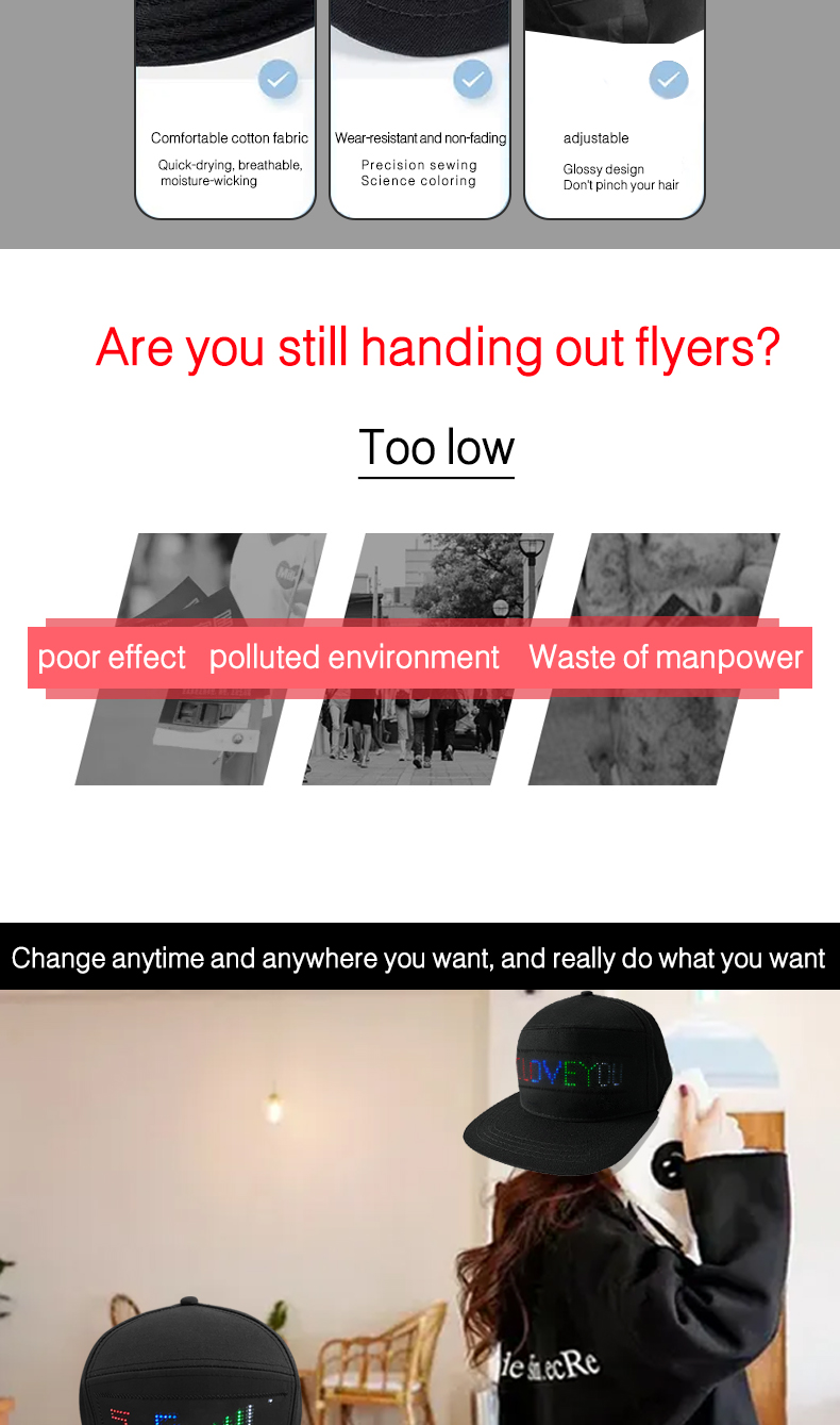 App Programmable LED hats USB recharging led flashing Baseball Cap Scrolling text LED Display Cap（images 3）