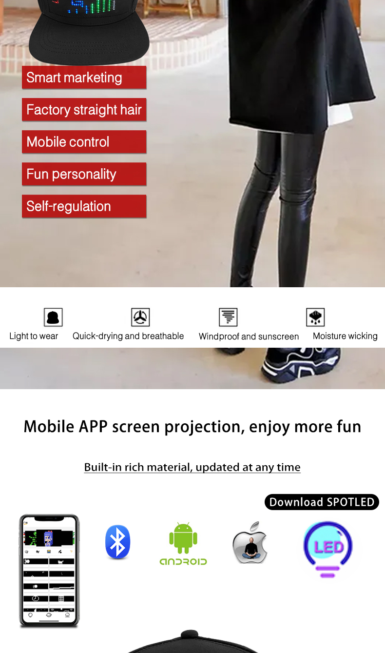 App Programmable LED hats USB recharging led flashing Baseball Cap Scrolling text LED Display Cap（images 4）