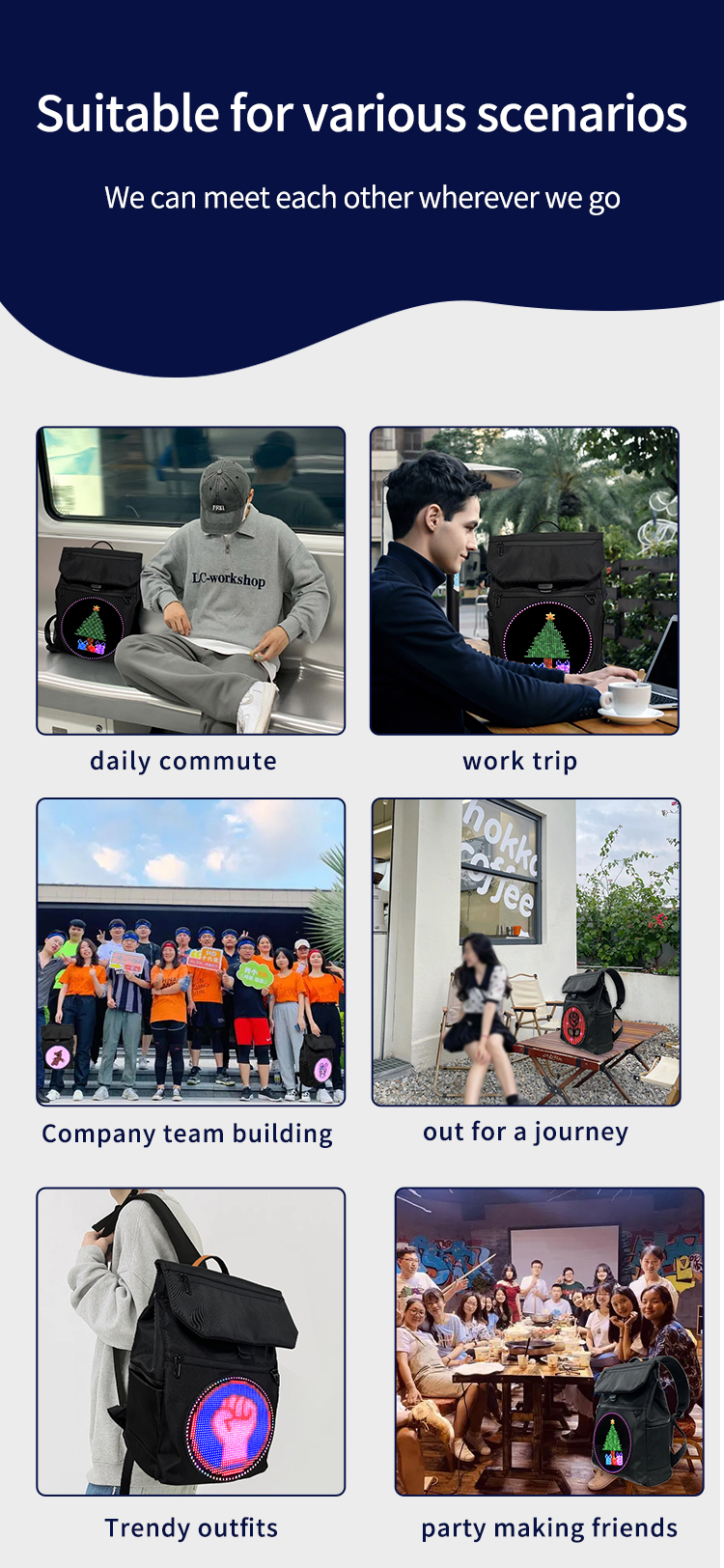 LED Backpack for Men Women with Round Screen Flashing Displaying Custom Messages Black Sports Bag Digital Display Backpack（images 6）