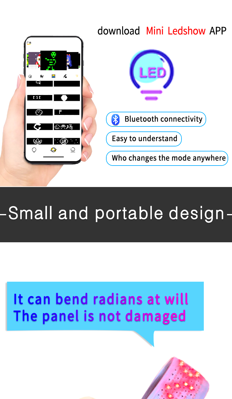 Mini LED Flexible Screen Panel 5*36 Pixels Smart app Programmable LED Ticker Board for Shoes Hats Clothes Bags Avertise Light（images 4）