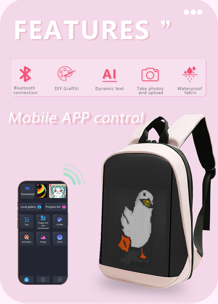 LED Display Waterproof Bag RGB Full Color LED Screen Backpack APP Control LED Bag Women Led Backpack Display（images 3）